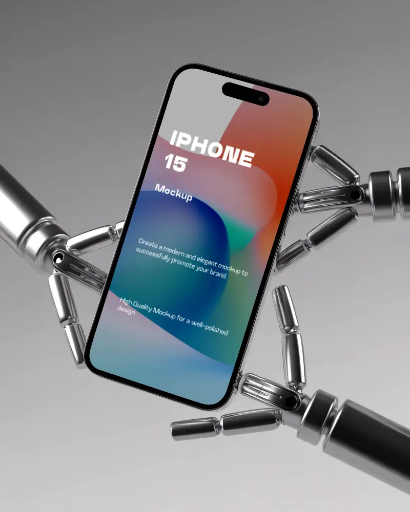 Futuristic Iphone 15 Mockup Held By Robotic Hands Tech Ai Concept Presentation
