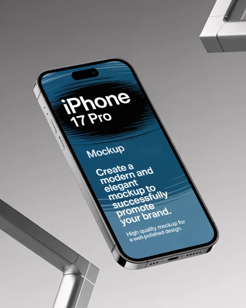 Angled Iphone 17 Pro Mockup Floating In Minimal Studio For App Ui Presentation