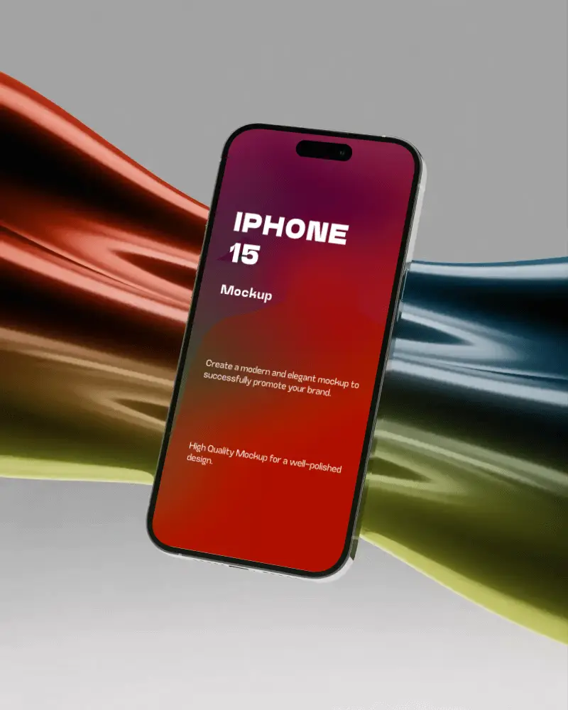 Tilted Iphone 15 Mockup With Dynamic 3d Elements For Product Showcase
