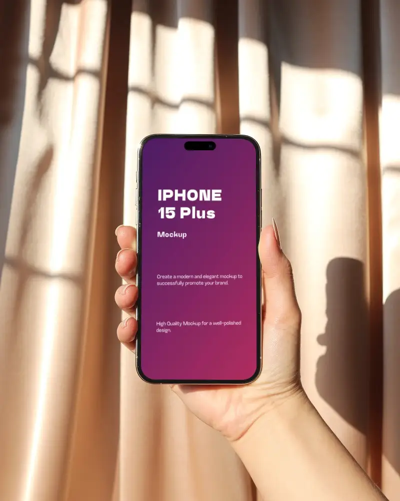 Hand Holding Modern Iphone 15 Plus Mockup For App Presentation And Creative Display Use 0736