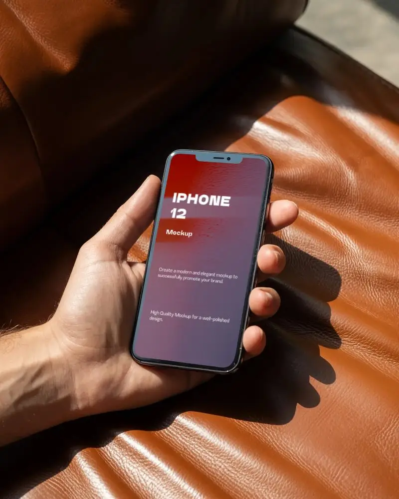 Hand Holding Iphone 12 Mockup On Leather Couch For Creative Usage