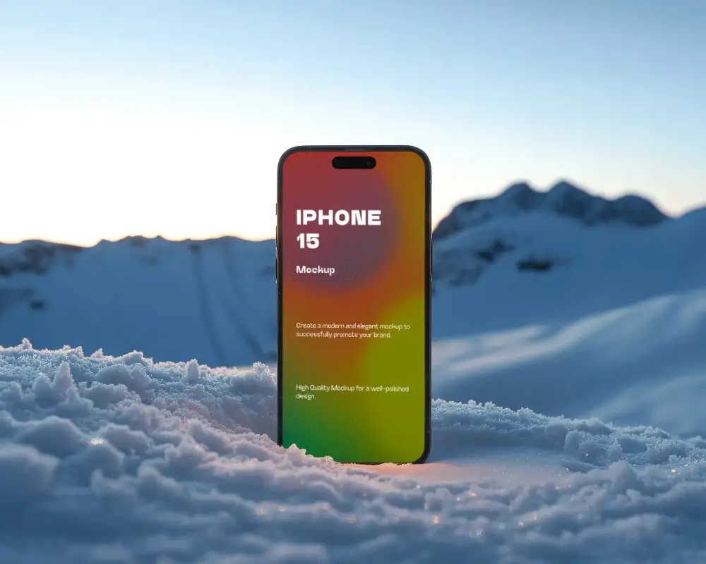 Sleek Iphone 15 Mockup Standing In Fresh Snow Mountain Scenery Background Cold Environment