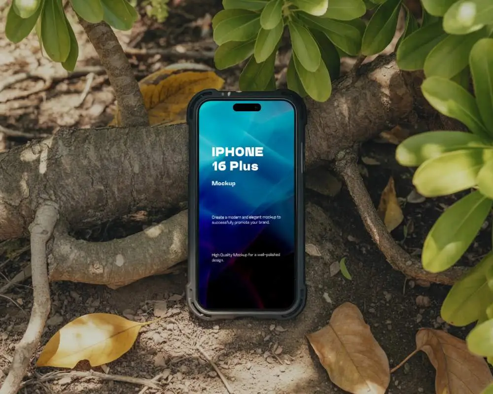 Rugged Outdoor Iphone 16 Plus Mockup With Nature Background For Technology Display Ideas And Presentation