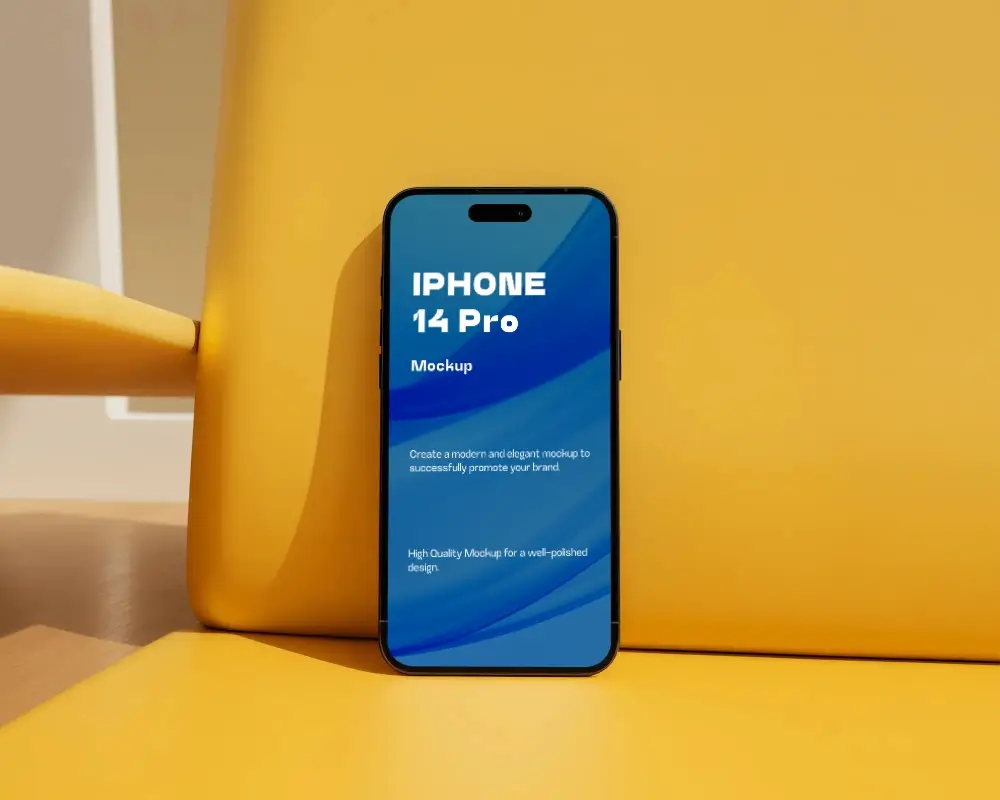 Modern Iphone 14 Pro Mockup Placed On Contemporary Chair Surface For App Presentation