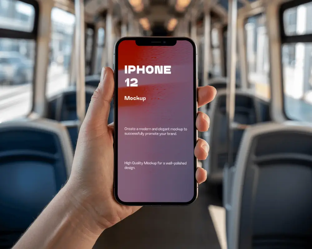 Hand Holding Iphone 12 Mockup In Public Transport Highlighting Mobile App Ui Preview