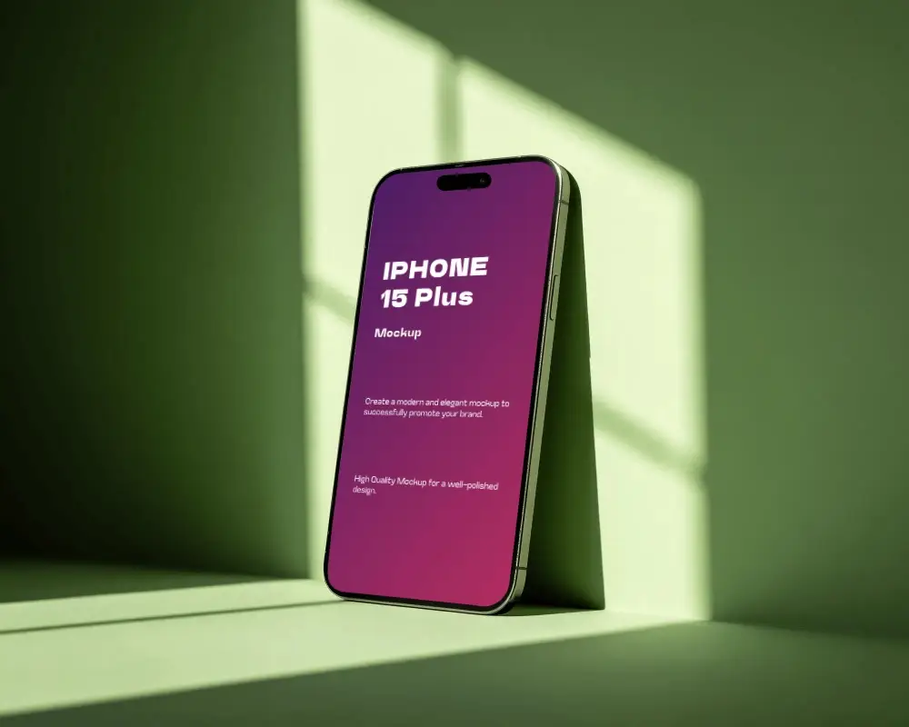 Modern Iphone 15 Plus Mockup Standing On Minimalistic Background For App Display Layout