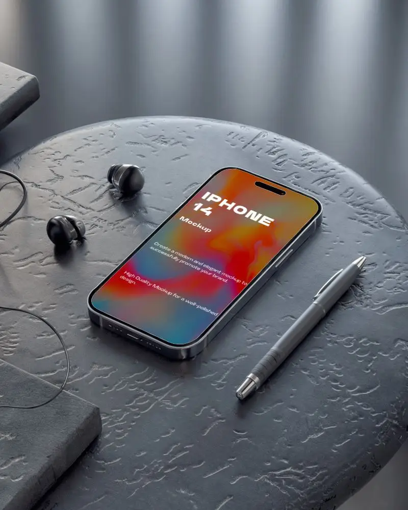Premium Iphone Mockup Sleek Device With Metallic Pen And Earbuds In Moody Lighting