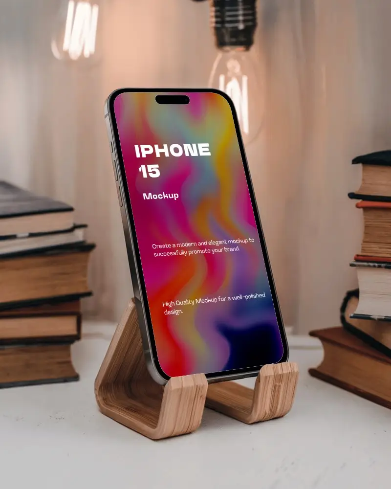 Stylish Iphone Mockup Smartphone On Wood Stand In Bookish Atmosphere With Warm Tones