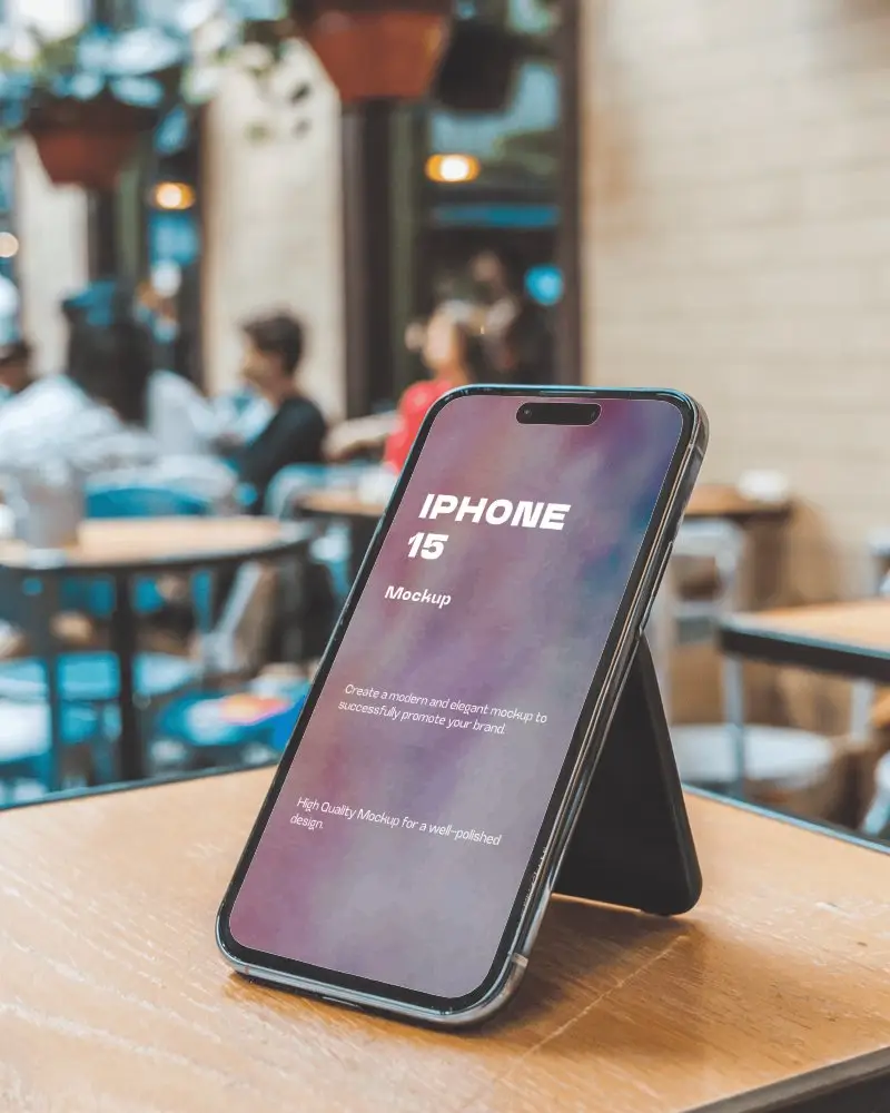 Stylish Iphone Mockup Premium Device On Wooden Table In Trendy Coffee Shop
