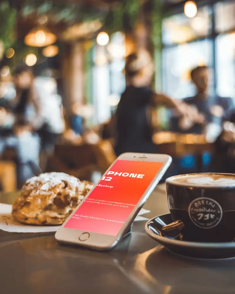 Elegant Iphone Mockup Premium Smartphone On Desk With Cappuccino And Busy Cafe Background