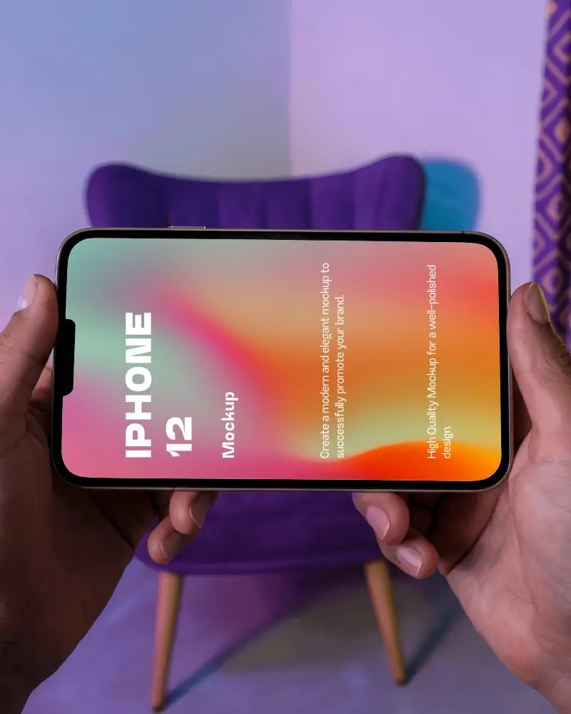Stylish Hands On Iphone Mockup Luxury Device In Aesthetic Purple And Blue Lit Environment