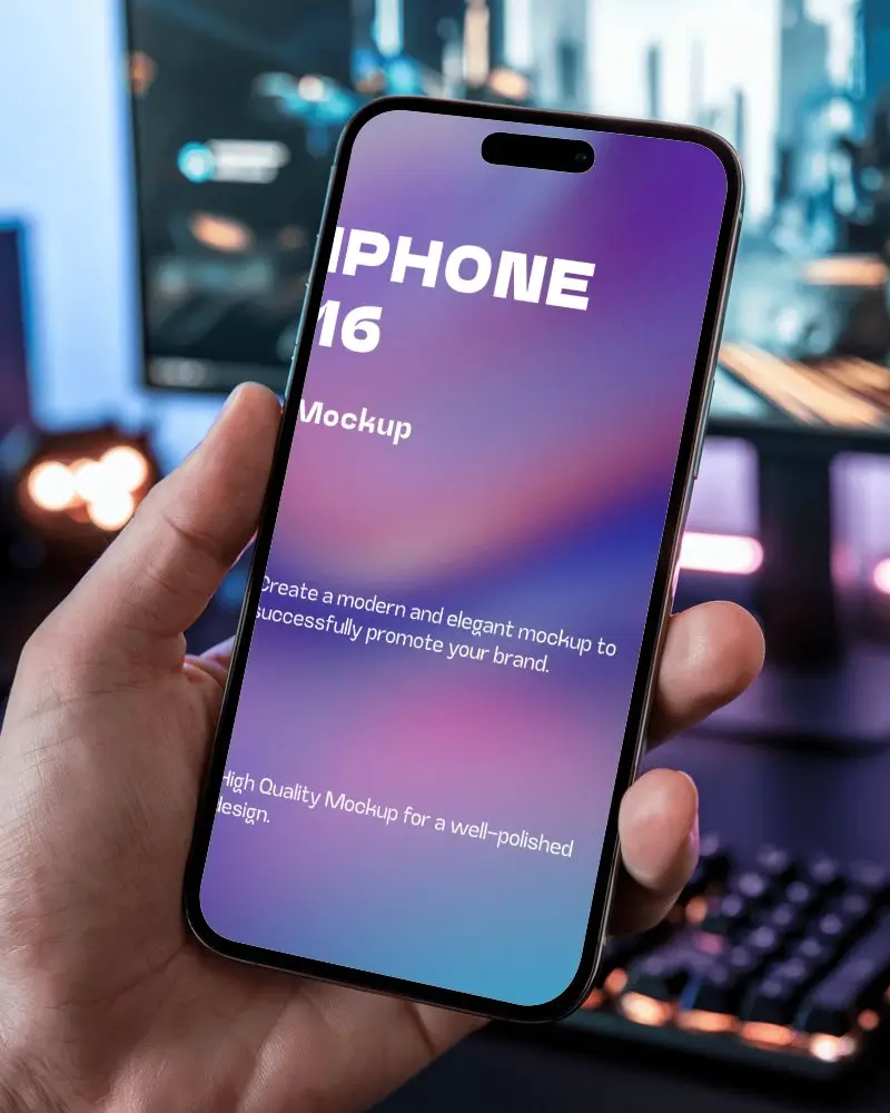 Gaming Setup Iphone Mockup Hand Holding Smartphone With Rgb Keyboard And Monitor Background