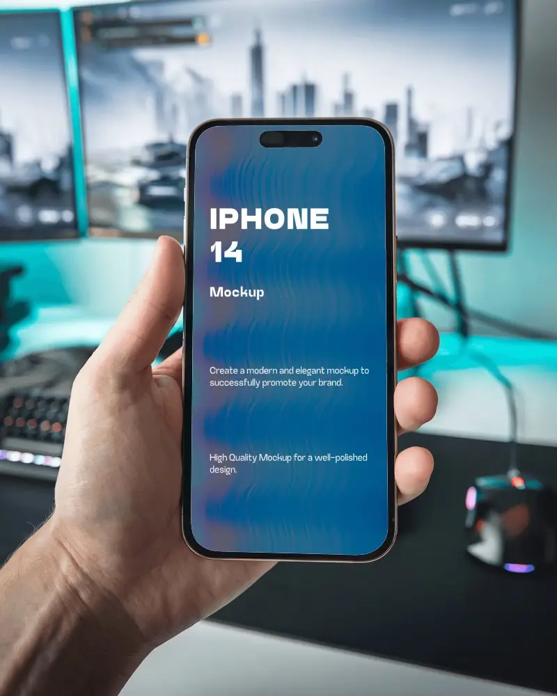 Premium Gaming Iphone Mockup Smartphone Display With Rgb Keyboard And Futuristic Workstation