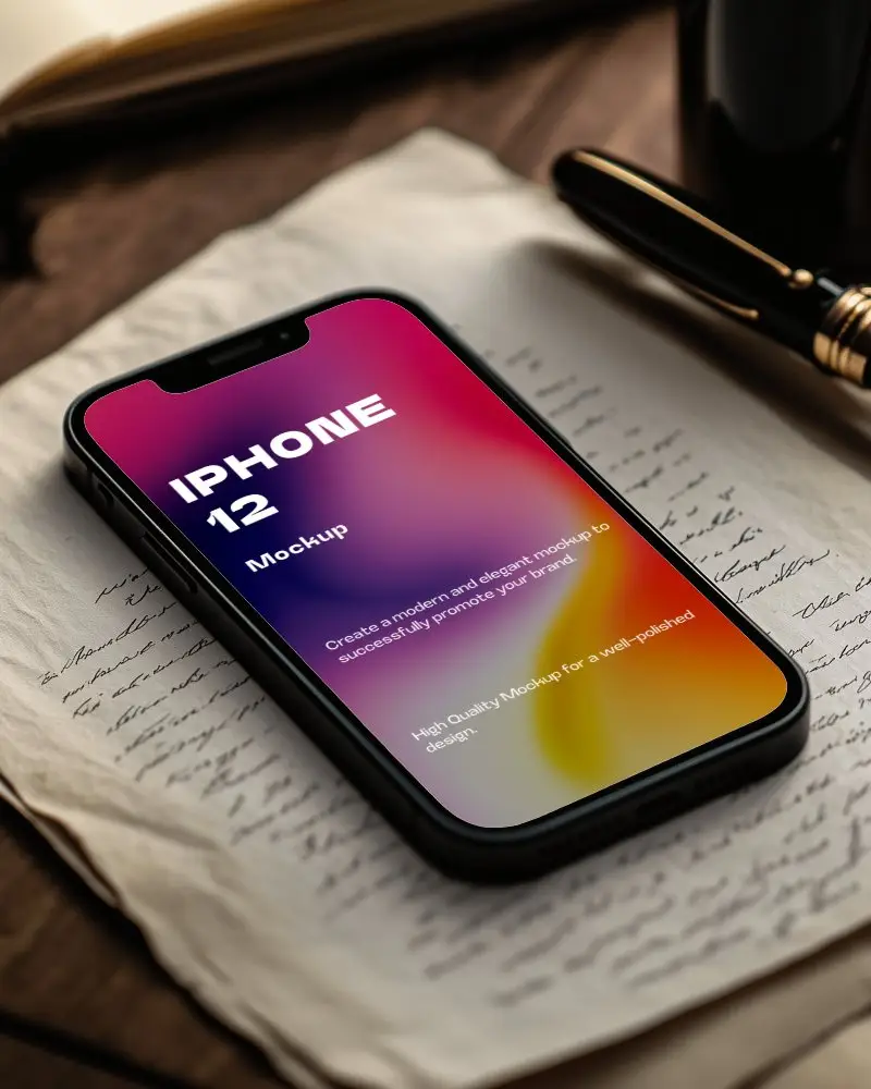 Vintage Desk Iphone Mockup Resting On Handwritten Letters With Fountain Pen Moody And Elegant Flatlay Composition