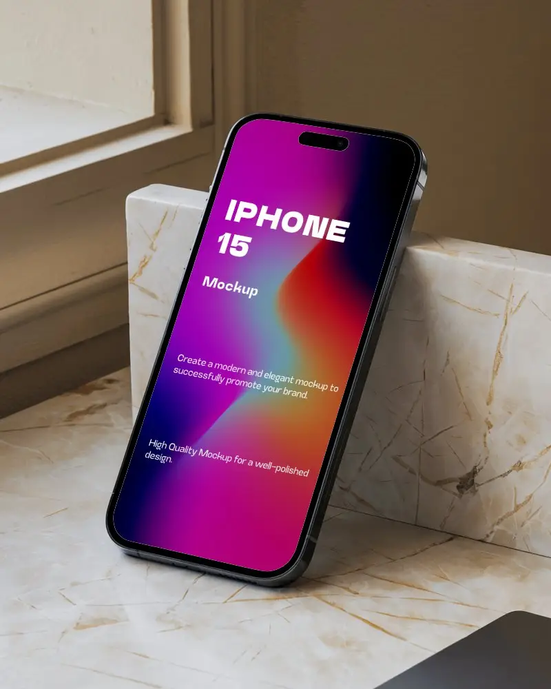 Modern Iphone Mockup Leaning On Marble Surface By Window Soft Natural Light Minimal Elegant Tech Scene