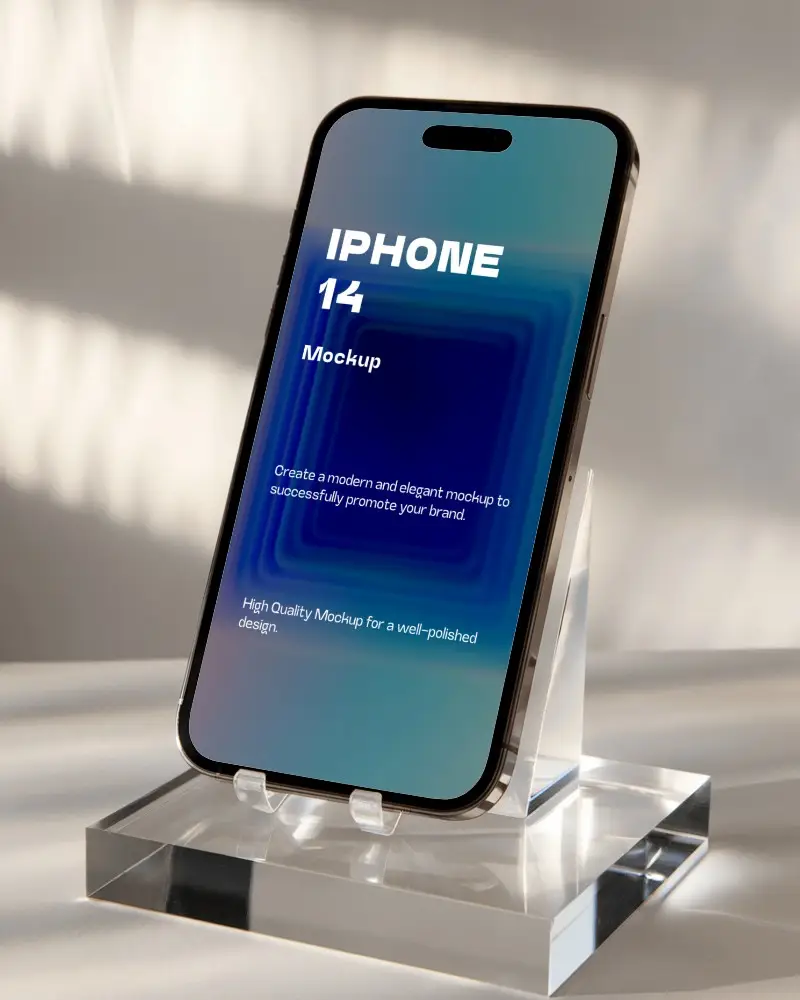 Sleek Iphone Mockup On Clear Acrylic Stand With Soft Sunlight And Shadows Modern Elegant Tech Display