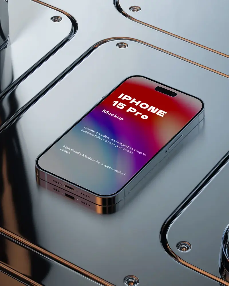 Modern Iphone Mockup Lying On Futuristic Metal Surface Sleek Tech Vibe With Reflections And Luxury Aesthetic