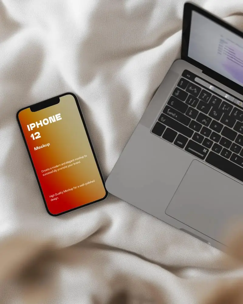 Cozy Home Office Iphone Mockup With Macbook On White Blanket Perfect For Digital Product Display