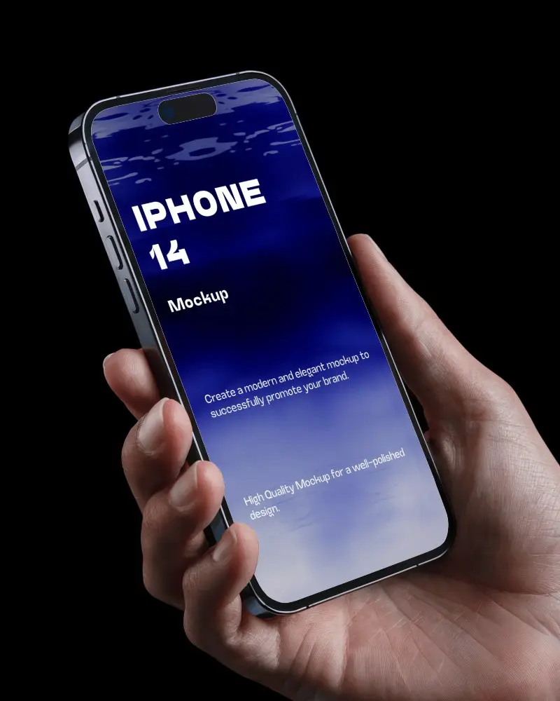 High Contrast Iphone Mockup Close Up Shot Of Hand Gripping Smartphone Against Dark Backdrop