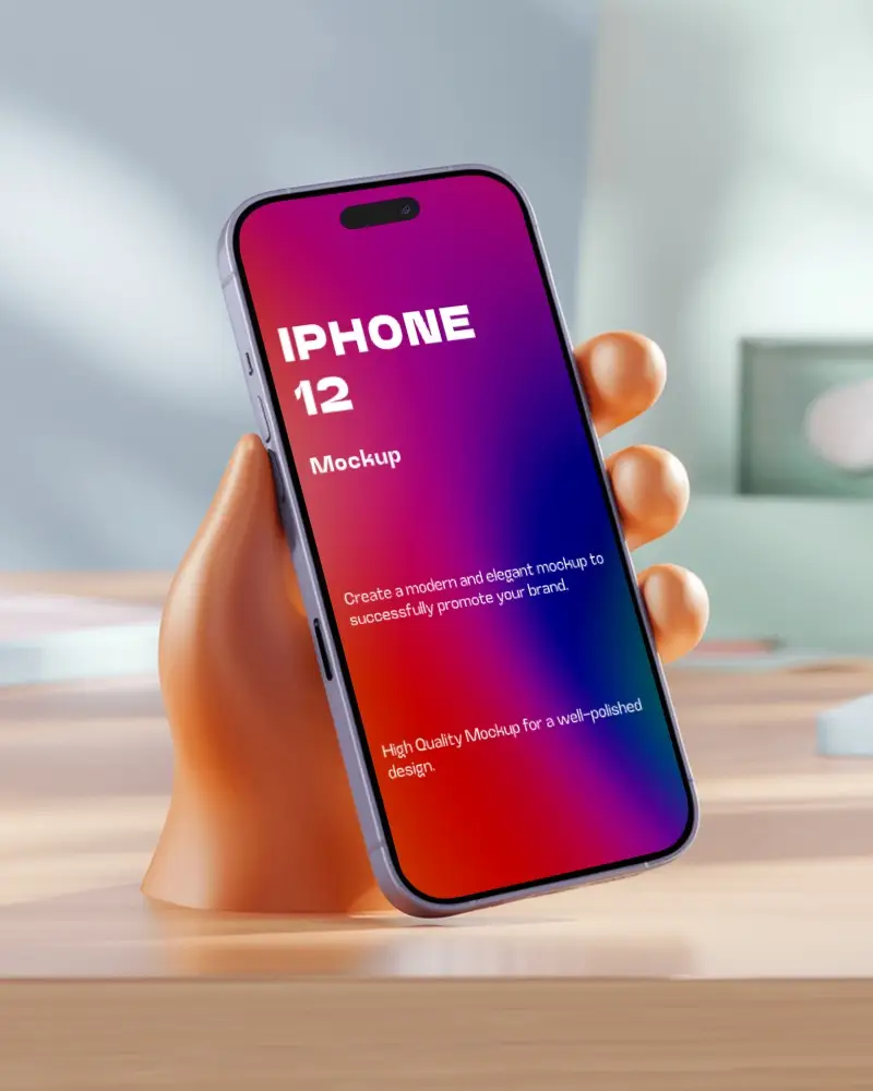 Modern Desk Iphone Mockup Reflective Background With A Hand Holding View