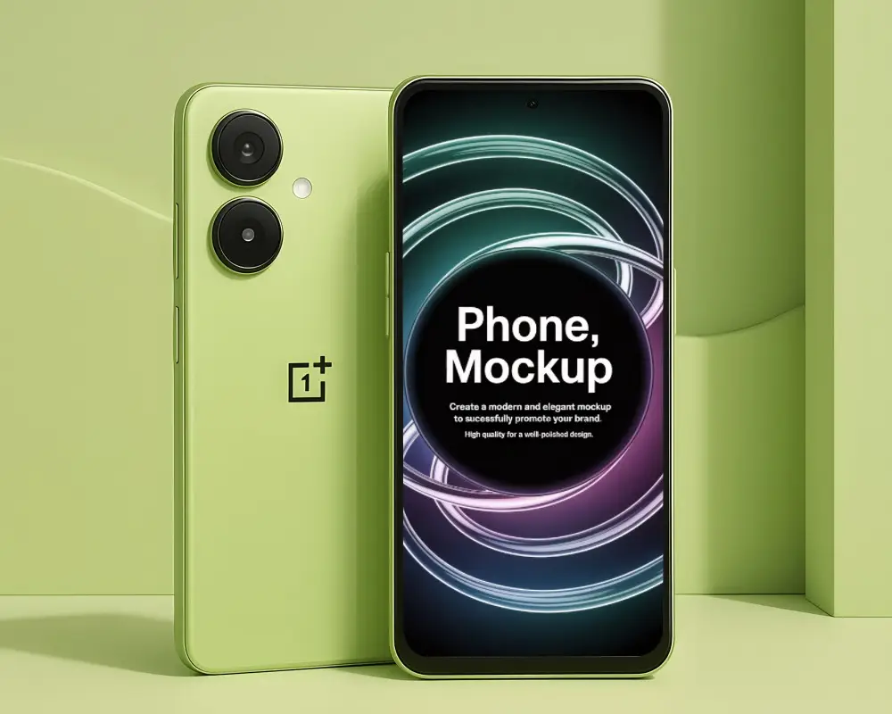 High Quality One Plus Phone Mockup Featuring Front And Back View Large Screen For Digital Marketing