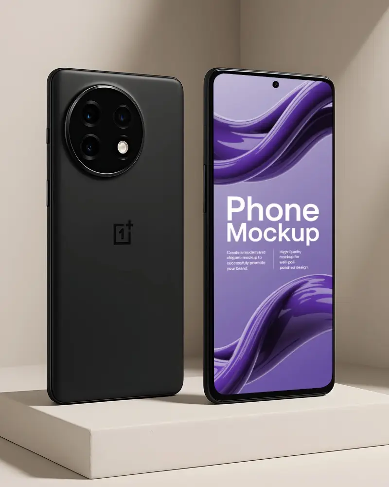 High Quality One Plus Phone Mockup Showcasing Front And Back View Large Touchscreen