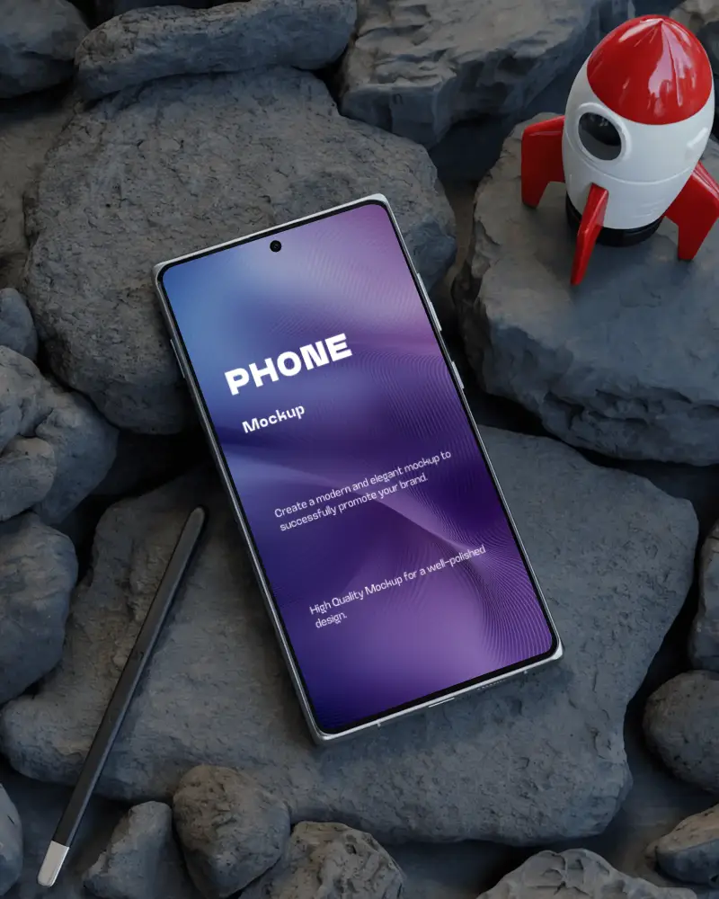 Samsungs25 Sleek Phone Mockup With Stylus And Rocket Figure On Textured Stone Surface