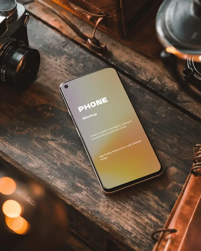 Flat Lay Vintage Smartphone Mockup On Wooden Desk With Retro Camera And Soft Lighting