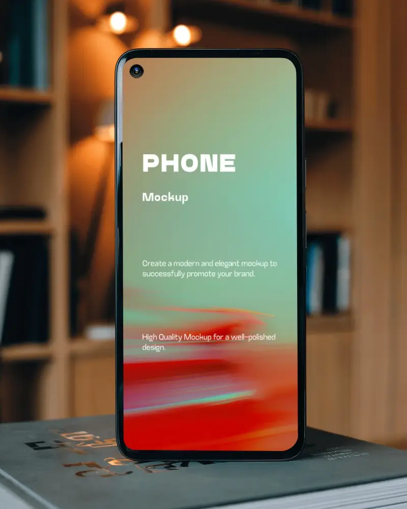 Bookshelf Background Smartphone Mockup Upright On Table In Cozy Interior With Warm Lighting