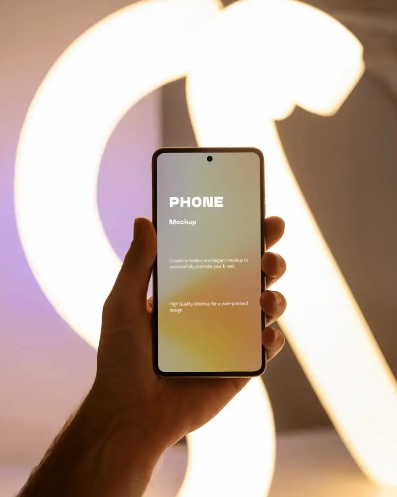 Illuminated Background Phone Mockup Hand Holding Smartphone In Modern Art Light Display