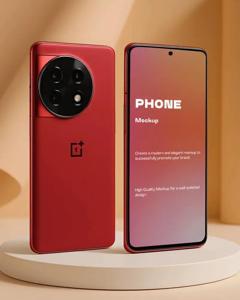 Premium Smartphone Mockup Red Oneplus Device On Studio Podium With Warm Toned Background