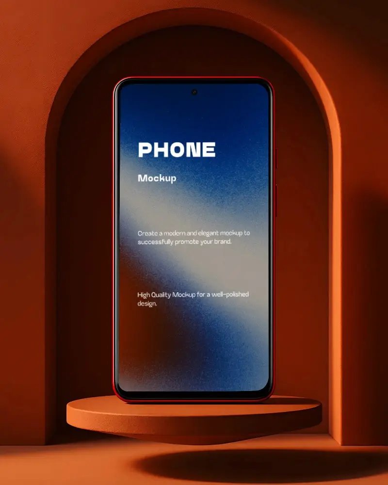 Premium Red Phone Mockup Smartphone Standing Upright In Arched Terracotta Display Niche