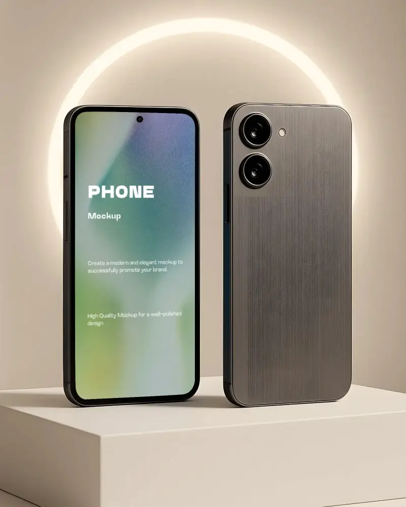 Dual View Phone Mockup Modern Smartphone With Brushed Metal Finish Under Halo Light