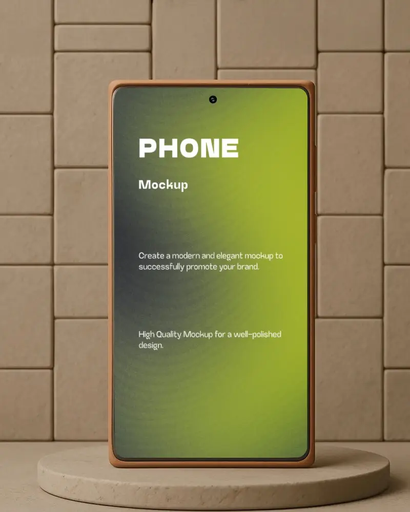 Samsung S25 Clay Phone Mockup Minimal Device On Round Platform With Textured Tile Wall