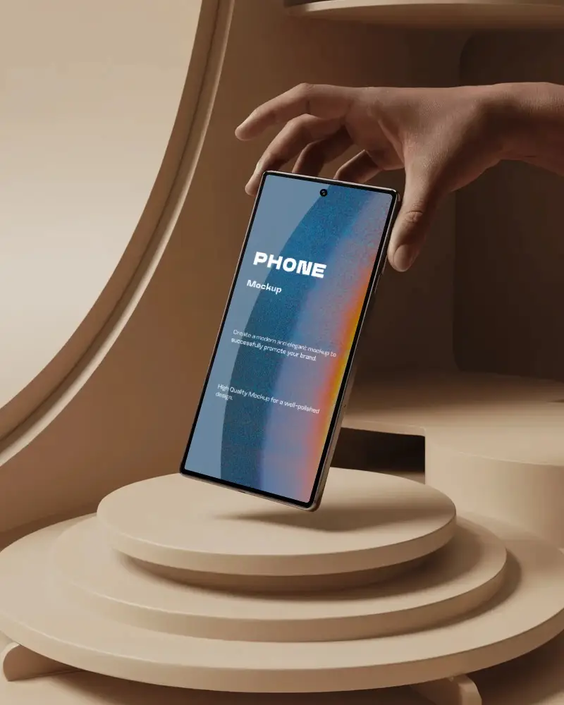 Premium Phone Mockup Samsung S24 Held Over Geometric Podium In Soft Monotone Studio