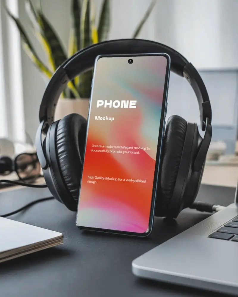 Modern Desk Smartphone Mockup With Headphones And Laptop In Clean Creative Workspace