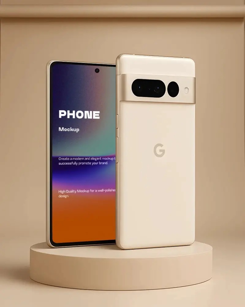 Google Pixel Phone Mockup Front And Back Beige Device On Round Podium In Neutral Studio