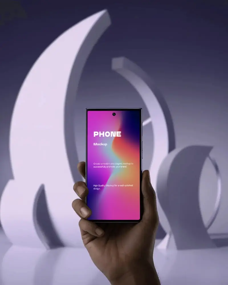 Creative Studio Samsung S25 Ultra Phone Mockup In Hand With Geometric Light Sculptures Behind