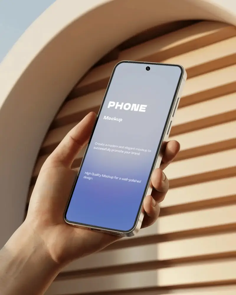 Google Pixel Phone Mockup Hand Holding Device In Front Of Modern Arched Striped Structure