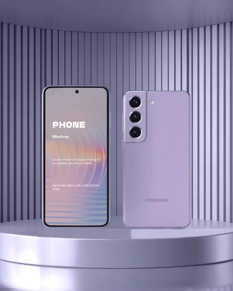 Samsung Series Phone Mockup Front And Back Lavender Device On Metallic Display Podium