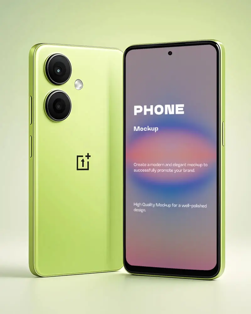 Vibrant Oneplus Smartphone Mockup Modern Dual View On Fresh Light Green Studio Background