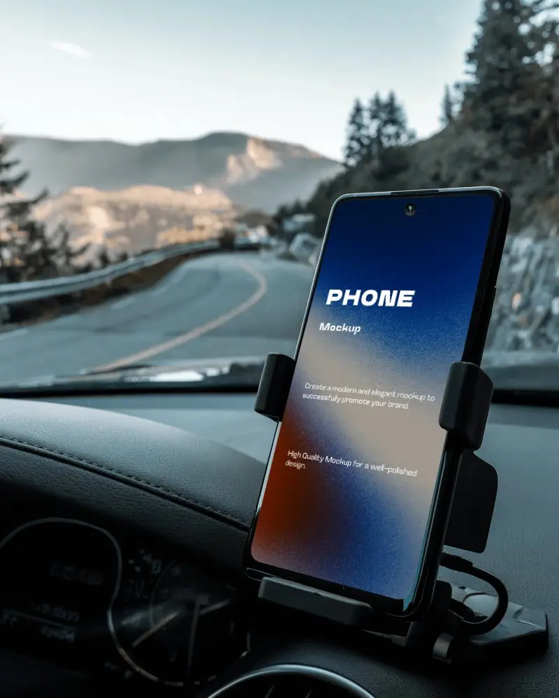 Road Trip Smartphone Mockup On Car Mount With Mountain View And Clear Sky Outside