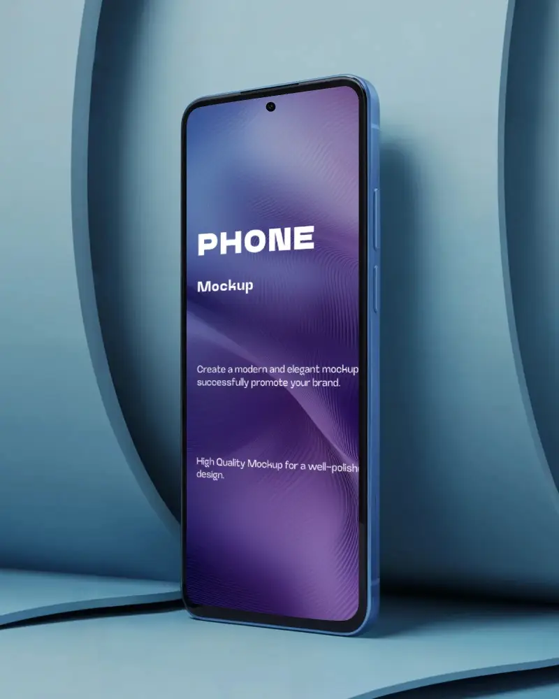 Google Pixel Phone Mockup Blue Device Standing Against Curved Architectural Blue Background