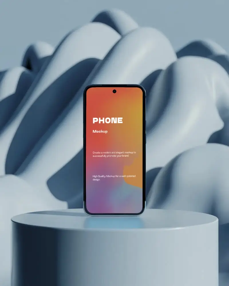 Google Pixel Phone Mockup Upright Device On Podium With Abstract Flowing Blue Background