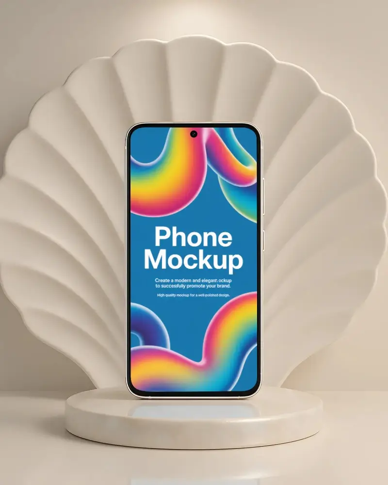 Modern Android Phone Mockup With Minimalist Shell Shaped Backdrop For Clean Digital Display