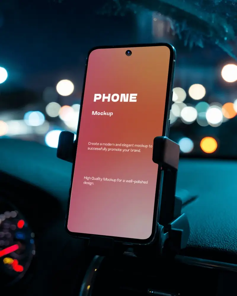 Car Interior Smartphone Mockup On Dashboard With Bokeh City Lights In The Background