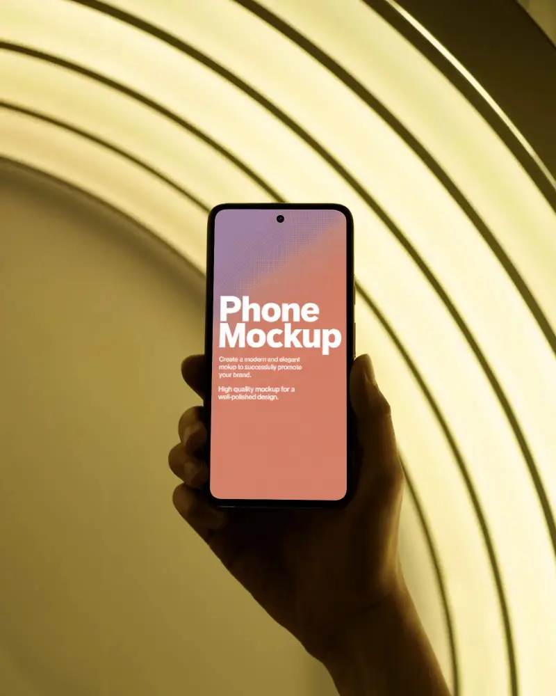 Sleek Modern Android Phone Mockup In Hand Against Light Arc Background For Digital Showcase