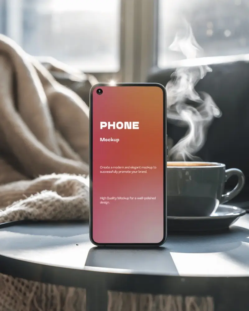 Cozy Window Smartphone Mockup On Table With Steaming Cup And Warm Blanket In Sunlight