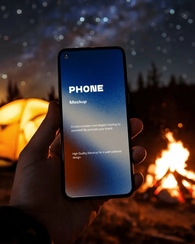 Campfire Night Smartphone Mockup Hand Holding Phone With Glowing Screen Under Starry Sky