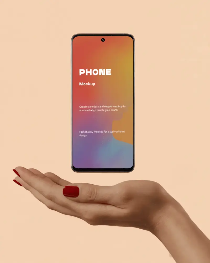 Sleek Modern Phone Mockup Floating Above Minimalist Hand Display Technology Gadget